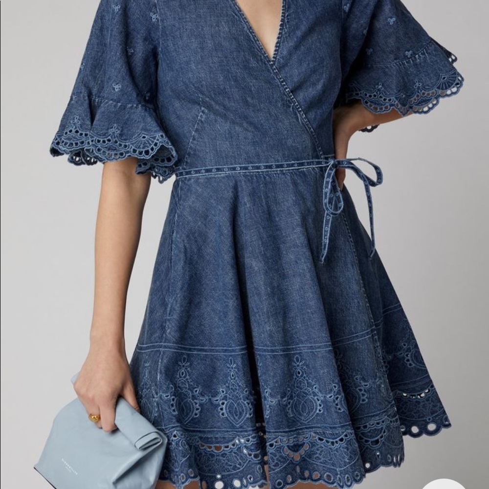 Jonathan Simkhai denim wrap mini dress with embroidered detail